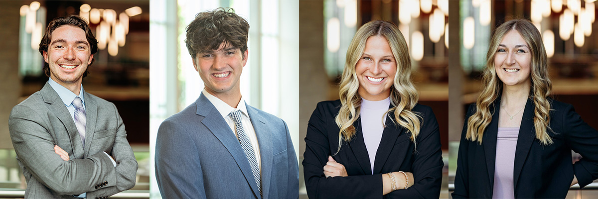 Four portrait photos in a horizontal collage. Two male and two female business students pose for portrait photos in professional attire.