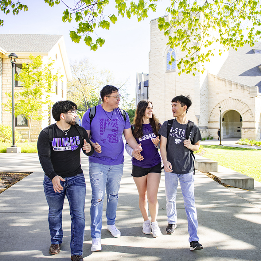 Four students wearing K-State shirts walk along a sidewalk surrounded by greenery and limestone buildings.