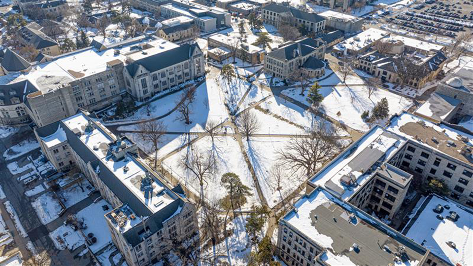 aerial photo off K-State campus near library showing snow on the ground