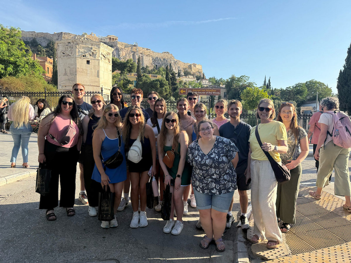 Student K-Staters in the Business and Society class pose for a group picture during their study abroad trip to Greece.
