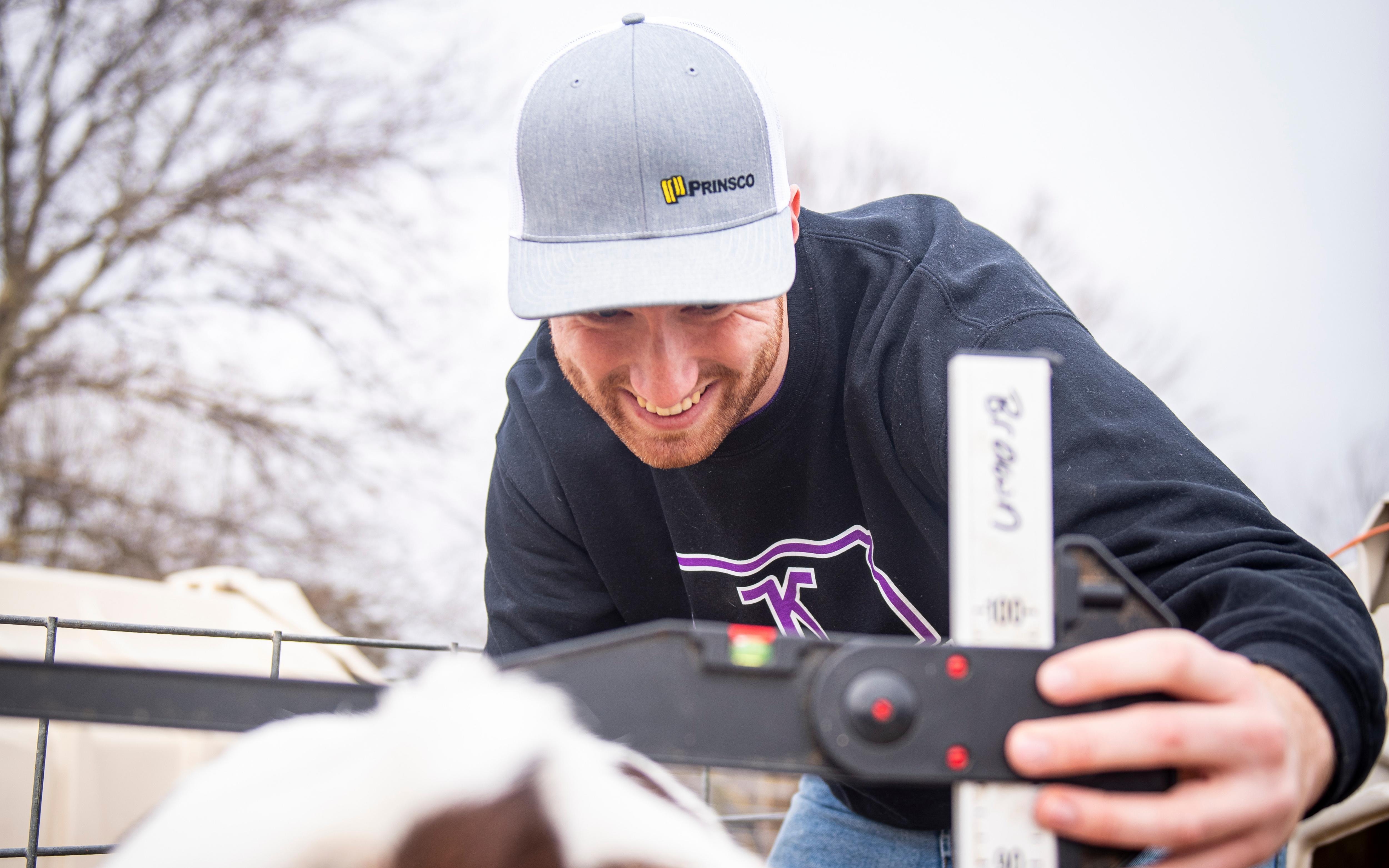 Using a measuring device, Corwin records the height of a calf.