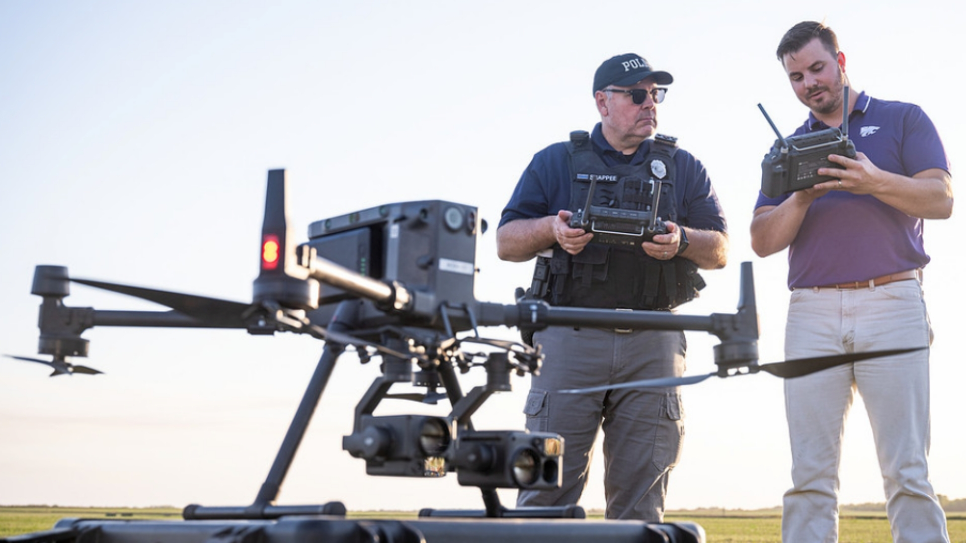 A police officer holding a big remote controller and a man in a purple polo, also holding a big remote controller, confer behind a drone in the foreground.