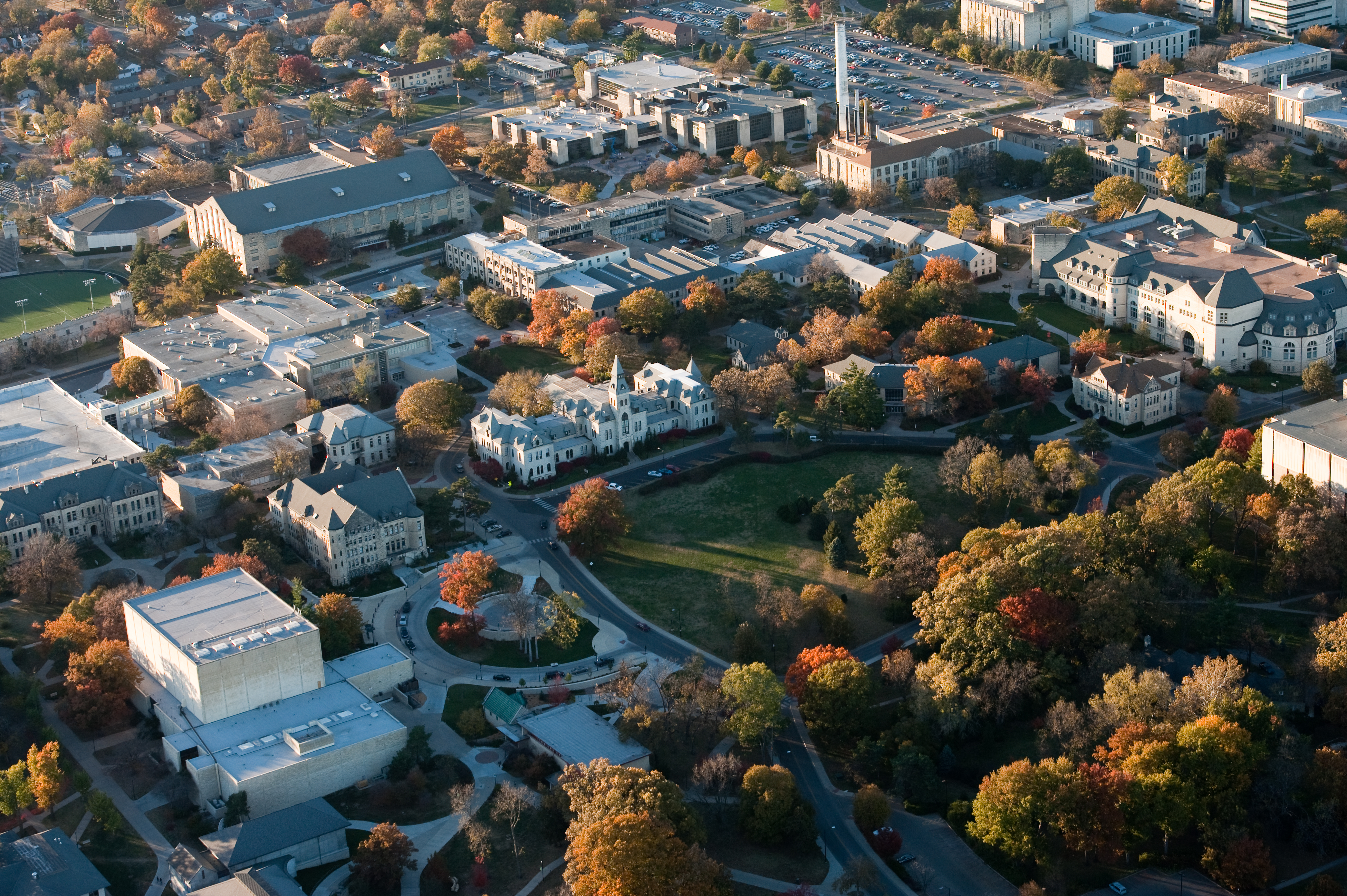 An aerial view of Kansas State University.