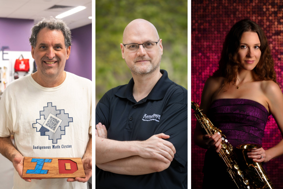 UDPs A collage of three photos of award-winning faculty members. On the left, a man in a white T-shirt holds a wooden block with red and blue letters. In the middle, a bald man in a black polo folds his arms and looks at the camera. On the left, a woman in a purple dress holds a saxophone against a sparkly pink background
