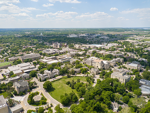 Manhattan campus Kansas State University's Manhattan campus during a sunny summer day, as seen from an aerial drone looking from the southeast corner of campus to the northwest.