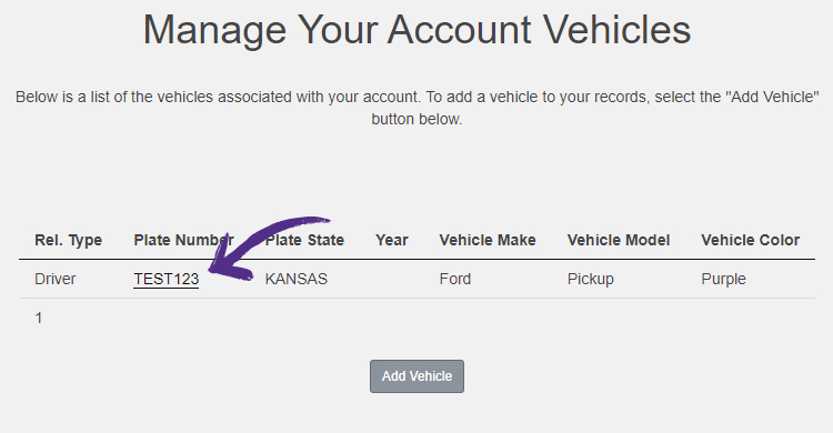 the Manage your Vehicle screen featuring the plate number on file